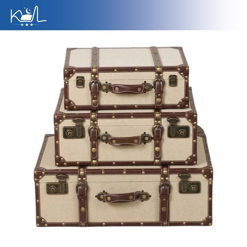 Retro Vintage Trunk Suitcase - Vintage Keten Kumaş Saklama Sandığı, Eskitme